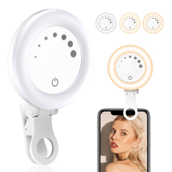 UBeesize F508 Selfie Light, LED Ring Light, Smartphone Light, Small, USB Charging, 3 Colors, 7 Levels of Brightness, 3,000K to 9,500K Dimmable, Lightweight, Clip-type, Compact, Portable, Actress Light, Tidori Light