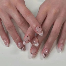 Press On Nails with Nail Glue, Butterfly Flower Bow Star Designed in Glue on Nails, Fake Nails, Short Square Almond Ballet Shape for Stick On Nails on 24PCS (White Sliver Bow)