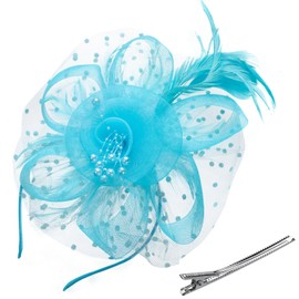 GHGMAO Fascinators Hats for Women Tea Party Hat Fascinators Headband Mesh Flower Feathers Hair Clip for Wedding Cocktail Church (Light Blue)
