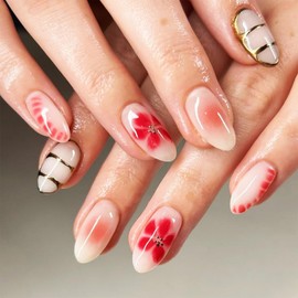 Red Flower Press on Nails Polka Dots Medium Almond False Nails 24Pcs Tortoise Pattern Stick on Fingernails Glossy Gold Curve Acrylic Fake Nail Orange Gradient Gel Glue on Nail for Coquette Women Girls