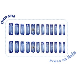 IMRAIN Long Press on Nails Square Blue Ombre Fake Nails Glossy Glue on Nails Full Cover Acrylic Gel False Nails with Heart Charm Designs Stick on Nails for Women 24Pcs