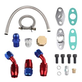 JDMON Turbo Oil Feed Line Oil Return Line Oil Drain Pipe Complete Kit T3 T4 T3/T4 T70 T66 T04E Silver Tubing+Red and Blue Connectors