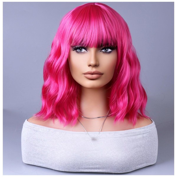 BERON Pink Women Wig Short Curly Wigs for Girls with Bangs Hot Pink Wavy Hair Wigs Colored Bob Shoulder Length Wigs for Womens Girls Cosplay or Daily Used