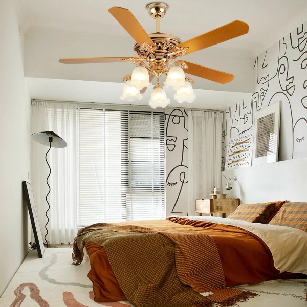 52" Modern Ceiling Fan Light 5 Wood Blades Lamp Chandelier