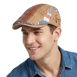 HIQIU Retro Patchwork Peaked Cap Men's Beret Cap, Flat Cap Newsboy Flat Cap Men's Cabbie Hunter Hat Berets (DE/NL/SE/PL, Alphanumeric, M, L, Beige)
