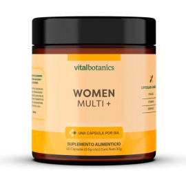 WOMEN MULTI + Multivitamínico de 60 cápsulas 500mg con Ácido Fólico, Biotina, Complejo B, Vitamina D, K, Calcio, Hierro, Magnesio, Zinc, Colágeno Hidrolizado y Moringa. Suplemento VitalBotanics