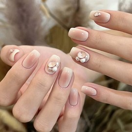 Gifiky Short Pearls False Nails Square Press on Nails Gradient Nails Tips Full Cover Cute Fake Nails for Women and Girls 24Pcs