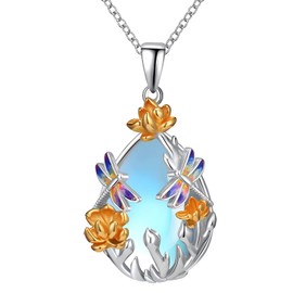Tiehuoxia Moonstone Dragonfly Necklace Sterling Silver Flower Teardrop Stone Pendant Blue Animal Jewelry Birthday Gifts for Women Mother Wife Friends Daughter (Animal necklace-dragonfly necklace)