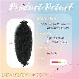 Spring Afro Twist Hair, 16 Inch Springy Marley Twist Braiding Hair Pre-Separated 6 Packs Spring Twist Afro Kinkys Bulk Hair for Soft Locs Crochet Hair Extensions for Black Women (1B, 16inch)