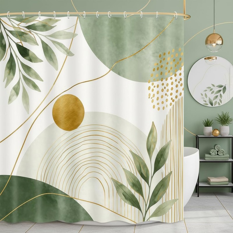 DYNH Sage Green Shower Curtain, Modern Abstract Gold Leaves Bathtub