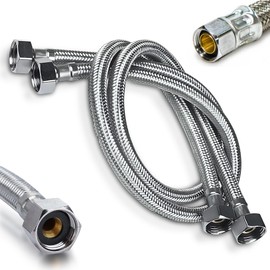 DecoSource Universal Fit Sink Hose for Faucet - 3/8 Compression inch x 1/2 FIP x 16 inch Long Faucet Line Connector Stainless Steel - Hot & Cold Water Supply (1 Pair, 16 Inch Long)