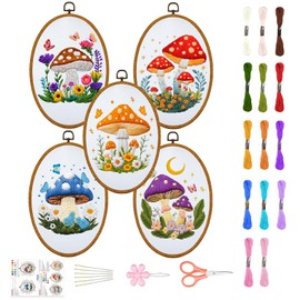 ORIGACH 5 Pack Mushroom Embroidery Kits for Beginners, DIY Stamped Cross Stitch Kit with Mushroom Patterns Hoops Needles Threads and Instructions for Adults Women Craft Lover