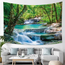 Green Forest Wall Tapestry Extra Large Waterfall Nature Tapestry Tree Tapestries for Bedroom Living Room Dorm Decor 91x71 Inches