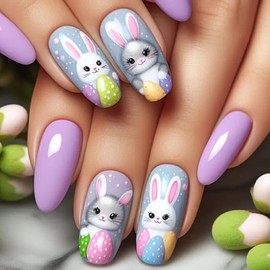 MIXFOSAHN Easter Press on Nails Medium Almond Fake Nails Purple False Nails with Cute Designs Bunny with Eggs Glossy Stick on Nails Glue on Nails Easter Nails Acrylic Nails for Women Girls 24 Pcs