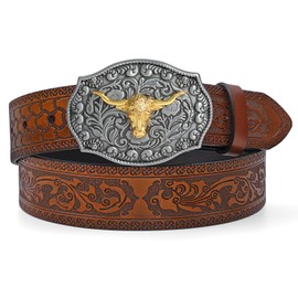 LEACOOLKEY Western Cowboy Leather Belt for Men Longhorn Bull Buckle Belt 1.5" Wide Floral Engraved Embossed Leather Belt, (Brown,39" long-Fit Size 26"-31")