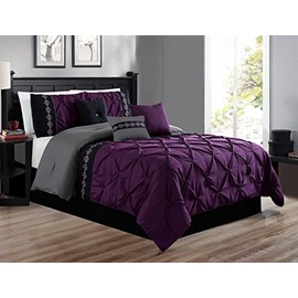 Grand Linen 7 Pieces King Size Dark Purple/Grey/Black Double-Needle Stitch Pinch Pleat All-Season Bedding-Down Alternative Embroidered Comforter Set