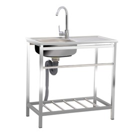 Free Standing Utility Sink, Outdoor Stainless Steel Single Bowl Fish Cleaning Table, Portable Kitchen Washing Hand Basin Station & Storage Shelves for Laundry Room Farmhouse Camping Indoor Backyard(Si