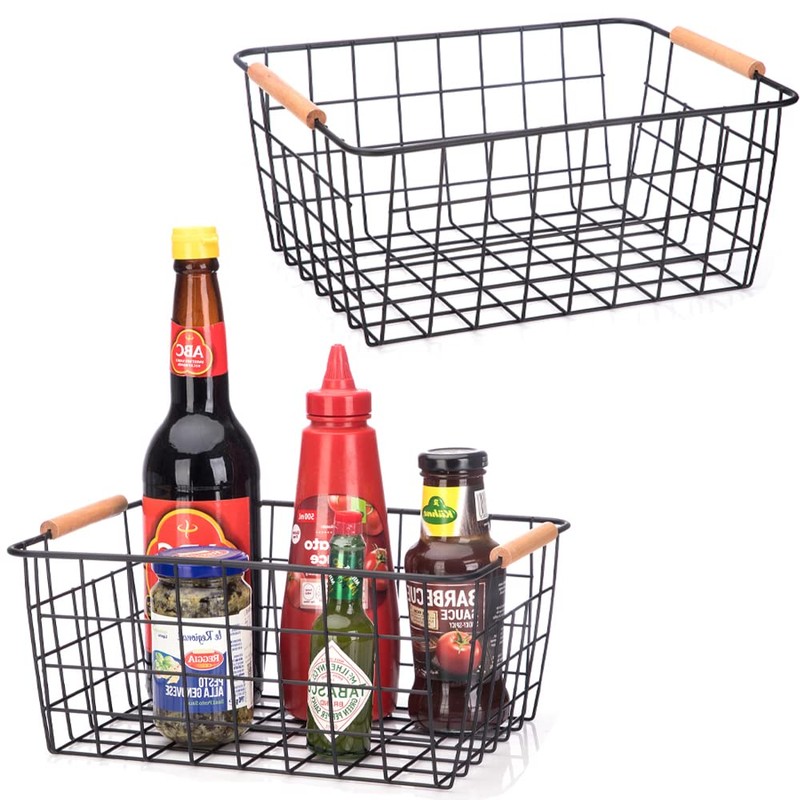 LeleCAT Wire Baskets with Wooden Handles Wire Storage Organizer Bin