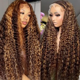 PXTPXT 13x6 Highlight Deep Wave Lace Front Wigs Human Hair Deep Curly Human Hair Wig Pre Plucked 4/27 Ombre HD Lace Frontal Wigs for Women 28 Inch