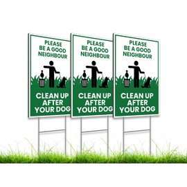 3X Single Sided 12х8 inch Clean Up After Your Dog Sign with Metal Wire H-Stakes - Be a Good Neighbor Sign - Pick Up Your Dog Poop Signs - Keep Off Grass Dog Poop Sign - Clean Up After Your Dog Signs