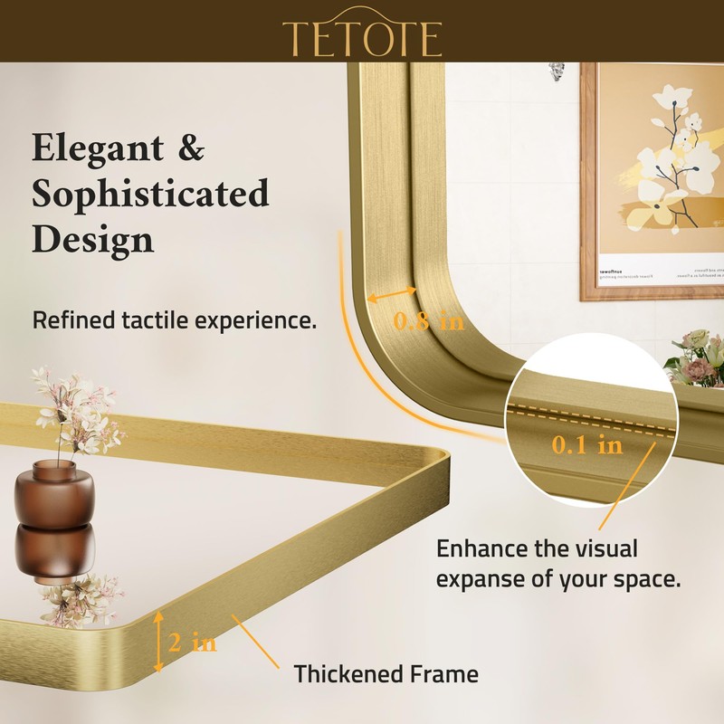 TETOTE Brushed Gold Bathroom Mirror, 24 x 36 Inch Metal