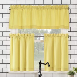 No. 918 Martine Microfiber Semi-Sheer Rod Pocket Kitchen Curtain Valance and Tiers Set, 54" x 24", Yellow