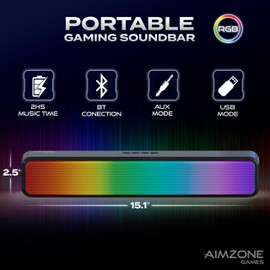 Aimzone RGB Pro Gaming Computer Soundbar, PC Speaker with Dynamic Lighting, Audio-Light Sync, Battery and USB Powered, BT and Aux 3.5 Jack Connection (Black)