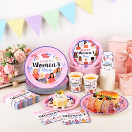 Teenyyou 200 Pcs Women's Day Party Supplies Womens History Month Decorations International Womens Day Decoration Plate and Napkin Set Serve 50 Guest Disposable Dinnerware for Birthday Holiday Supplies
