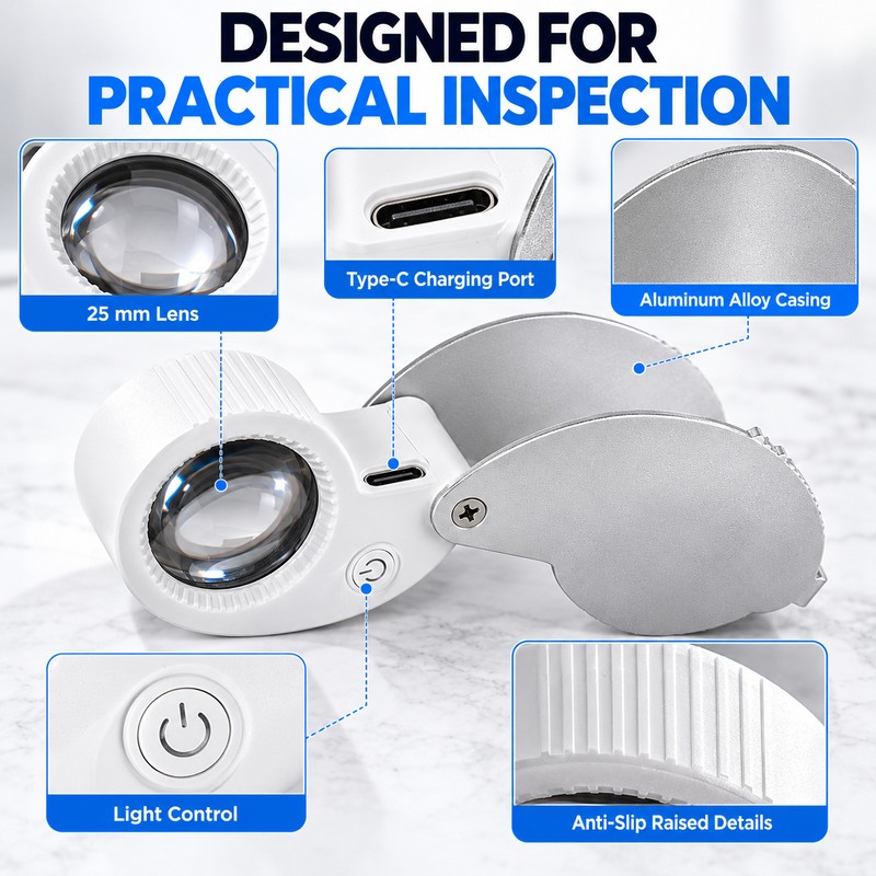 Rechargeable Jewelry Magnifier for Detail Inspection – 40X 60X Foldable