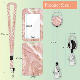 ID Badge Holder with Lanyard, Retractable Badge Reel with Swivel Belt Clip, Detachable Lanyard Name Card Tag Vertical ID Protector Badge Reel for Nurse Doctor Office Employees (Pink Rose Gold Marble)