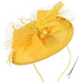 DRESHOW Flower with Single Arrow Feather Fascinators Hat Headband and a Forked Clip Bridal Headpiece Derby Fascinator Pillbox Hat Headpiece for Girls and Women