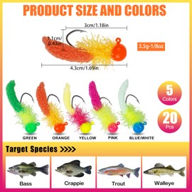 Crappie Jigs Fishing Lures Kit Feather Jigs Chenille Tail Hand-Tied Marabou Jigs 1/8oz 20pcs 5 Colors Fishing Hair Jigs Fly Fishing Lure for Panfish Sunfish Walleye