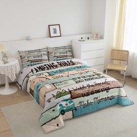 Feelyou Vintage Wooden Door Comforter Set Camper Bedding Set for Kids Boys Children Camping Travel Car Pattern Comforter Soft Decor Happy Camping Theme Quilt Set Twin Size