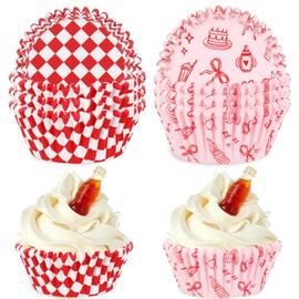 JarThenaAMCS 300 Pcs She's Ready to Pop Cupcake Liner Red White Plaid Bow Paper Baking Cups Soda Muffin Liners Wrappers for Baby Shower Gender Reveal Newborn Party, 2 x 1.2 Inch