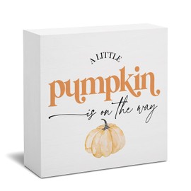 STHTTSW Pumpkin Baby Shower Decorations, A Little Pumpkin is On The Way Wooden Signs for Table Shelf Autumn Thanksgiving Party 5x5