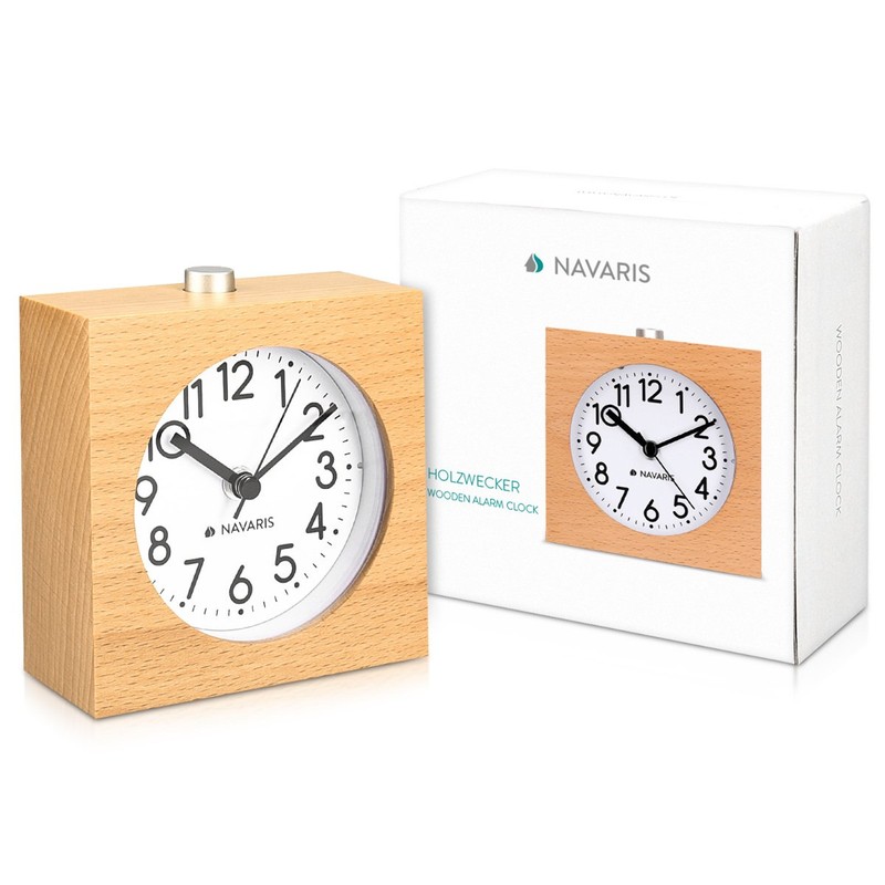 Navaris Analogue Wood Alarm Clock - Retro Table Clock with