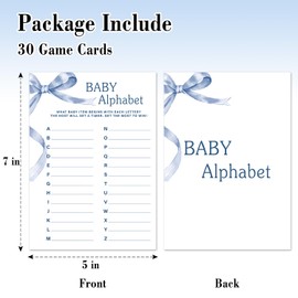 TRKAE Baby Alphabet Baby Shower Game Set, 30 Blue Bow Baby Shower Game Cards, Game Cards for Baby Announcement Gender Reveal, Baby Shower Party & Activities Supplies -B14