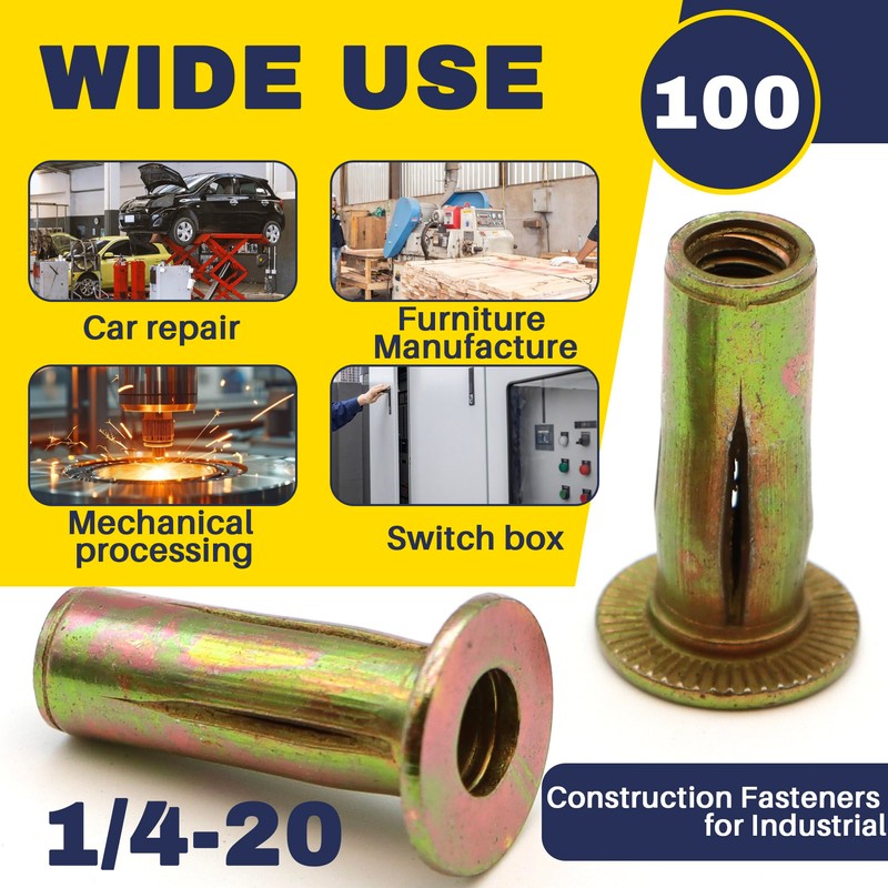 Terixe 100 Pack 1/4-20 Multi-Grip Rivet Nuts - Zinc-Plated Steel