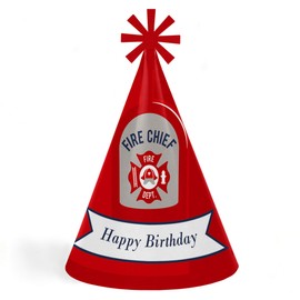 Big Dot of Happiness Fired Up Fire Truck - Cone Happy Birthday Party Hats for Kids and Adults - Set of 8 (Standard Size)