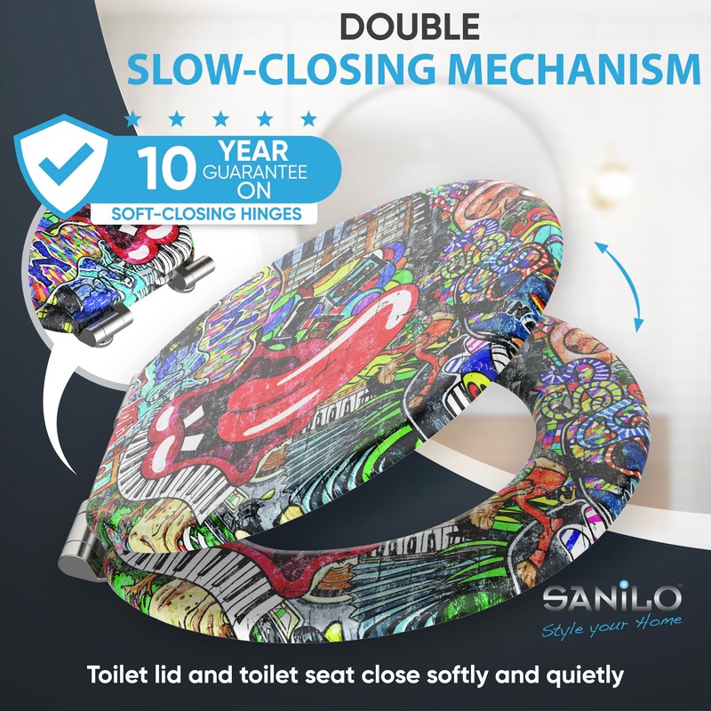 SANILO Wooden Toilet Seat with Soft Close [ROUND] - Decorative,