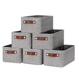 DULLEMELO Small Storage Baskets 11.8"x7.9"x5.1", Fabric Storage Bins for Shelves,Closets,Nursery,Home,Office [3 Pack], Collapsible Storage Baskets with Leather Handles (Gray)