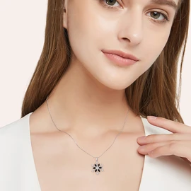 EVER FAITH Snowflake Jewerly 925 Sterling Silver Winter Accessory Sparkle Black CZ Flower Pendant Necklace for Women Gifts for Christmas