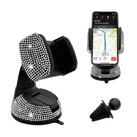 FSTURIOS Bling Cell Phone Holder, 360° Adjustable Rhinestone Car Phone Mount with Air Vent Base, Universal Shiny Crystal Phone Mount Stand for Dashboard Windhshield Air Outlet (White)