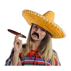 I LOVE FANCY DRESS 12X ORANGE MEXICAN SOMBRERO HATS PLUS 12X MOUSTACHE PLUS 12X FAKE JUMBO CIGAR STRAW