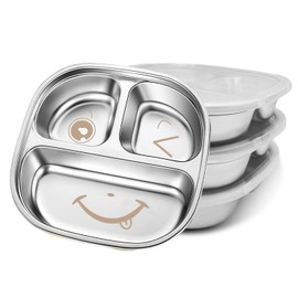 TAOceeXI Stainless Steel Kids Plates, toddler plates,Non Toxic & 100% BPA Free,Pack of 3 Stainless Steel Toddler Plate with Lids