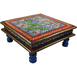 Guru-Shop Painted Small Table, Mini Table, Flower Bench - Water Lily Green/Red, 16 x 38 x 38 cm, Coffee Tables & Floor Table