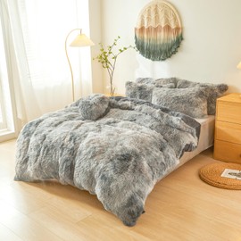 Shaggy Fluffy Tie Dye Dark Gray Comforter Cover King Set – Faux Fur Shaggy Tie Dye Dark Gray Bedding 3-Piece Set (1 Duvet Cover + 2 Furry Pillow Shams) Cozy Bed Set