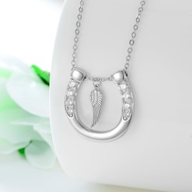 YAFEINI Horseshoe Necklace with Angel Wings Sterling Silver Pendant Necklace Horse Jewellery Gifts for Women Girls, Sterling Silver