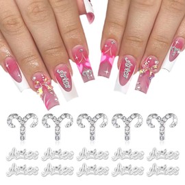 MOLILON 15pcs 3D Silver Aries Nail Charms 5pcs Zodiac Signs and 10pcs Zodiac Letter Nail Studs Rhinestones Crystal Alloy Twelve Constellation Charms for DIY Crafts Jewelry Decoration Nail Supplies