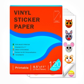 Glossy White Premium Printable Vinyl Sticker Paper for Inkjet Printer,120 sheets 8.5x11 inch Durability Adhesive Paper, Waterproof Labels,Tear Resistant,Vivid Colours,Holds Ink Well,Does Not Blister